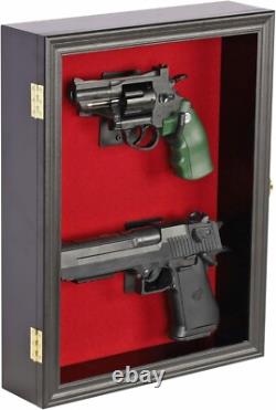 Gun Display Case Double Wood 16 x 13 In Handgun Pistol Revolver Lock Shadow Box