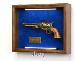 Gun Display Case LARGE Walnut Wood & Blue LED Light Handgun Revolver Shadow Box