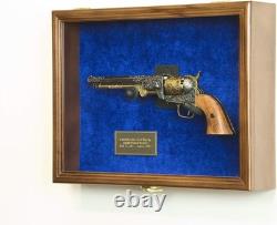 Gun Display Case LARGE Walnut Wood & Blue LED Light Handgun Revolver Shadow Box