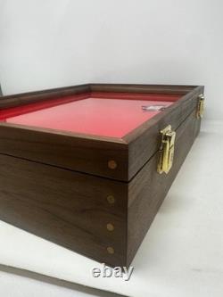 Gun Display Case Pistol 18 x 12 x 4 Revolver Walnut & Blue Wood USA Shadow Box