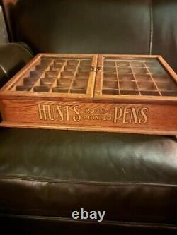 HUNT ROUND TIP PENS Antique Wooden Store Display Case Glass Top And Stock Drawer