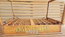 HUNT ROUND TIP PENS Antique Wooden Store Display Case Glass Top And Stock Drawer