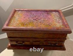 Handcrafted Artisan Jewelry Box, Decorative Resin Lift Top Floral, Purple Velvet