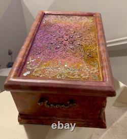 Handcrafted Artisan Jewelry Box, Decorative Resin Lift Top Floral, Purple Velvet