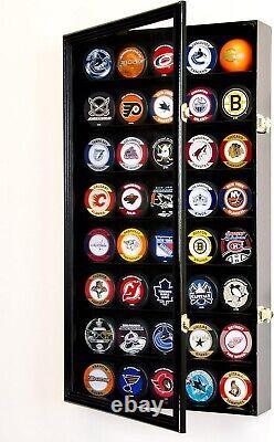 Hockey Puck Display Case 40 Black Wood Holder Cabinet Wall Baseball Shadow Box