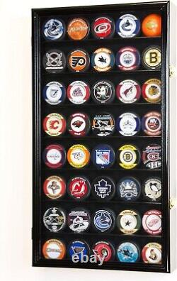 Hockey Puck Display Case 40 Black Wood Holder Cabinet Wall Baseball Shadow Box