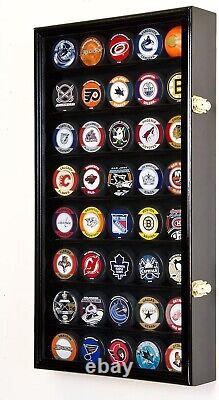 Hockey Puck Display Case 40 Black Wood Holder Cabinet Wall Baseball Shadow Box