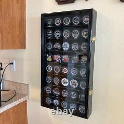 Hockey Puck Display Case 40 Black Wood Holder Cabinet Wall Baseball Shadow Box