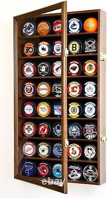 Hockey Puck Display Case 40 Walnut Wood Holder Cabinet Wall Baseball Shadow Box