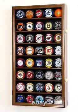 Hockey Puck Display Case 40 Walnut Wood Holder Cabinet Wall Baseball Shadow Box