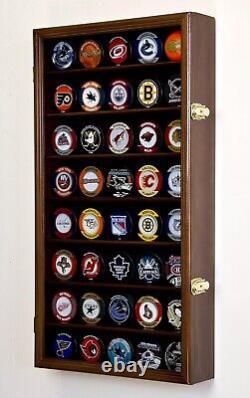 Hockey Puck Display Case 40 Walnut Wood Holder Cabinet Wall Baseball Shadow Box