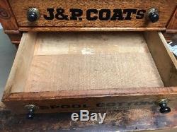 J & P Coats Spool Cabinet 4 Drawer With Wood & Brass Pulls Beautiful Patina