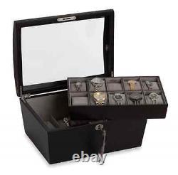 Java Watch Lock Box Display Case, 14 Section Wood Storage Holder Organizer, New