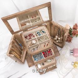 Jewelry Box for Women, Rustic Wooden Jewelry Boxes with Mirror, 4 Layers