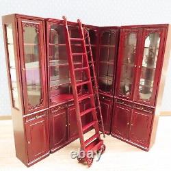 JiaYi Mahogany Corner Display Cases with Rolling Ladder 5 Pieces, SEE NOTE