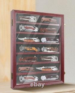Knife Display Case 14+ Wood Mahogany Pocket Knives Holder Wall Rack Shadow Box