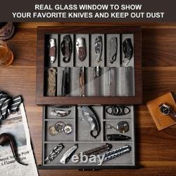 Knife Display Case 20+ Wood Walnut EDC Pocket Knives Watch Organizer Storage Box