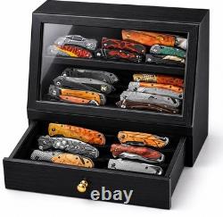 Knife Display Case 22+ Wood Black EDC Pocket Knives Organizer Drawer Storage Box
