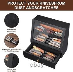 Knife Display Case 22+ Wood Black EDC Pocket Knives Organizer Drawer Storage Box