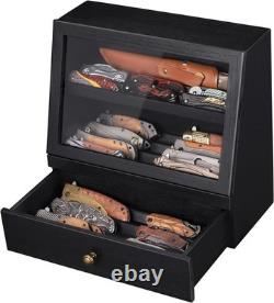 Knife Display Case 22+ Wood Black EDC Pocket Knives Organizer Drawer Storage Box