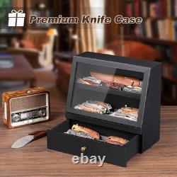 Knife Display Case 22+ Wood Black EDC Pocket Knives Organizer Drawer Storage Box
