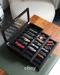 Knife Display Case 24+ Wood Ebony Pocket Knives Holder EDC Storage Organizer Box
