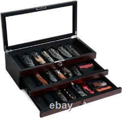 Knife Display Case 24+ Wood Ebony Pocket Knives Holder EDC Storage Organizer Box