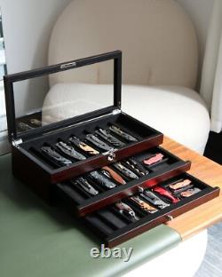 Knife Display Case 24+ Wood Ebony Pocket Knives Holder EDC Storage Organizer Box