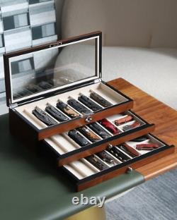 Knife Display Case 24+ Wood Walnut Pocket Knives Holder Storage Organizer Box