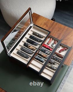 Knife Display Case 24+ Wood Walnut Pocket Knives Holder Storage Organizer Box
