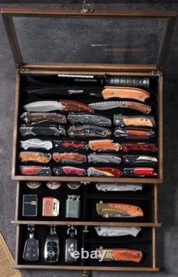 Knife Display Case 36+ Wood Walnut EDC Pocket Knives Watch Organizer Storage Box