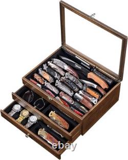 Knife Display Case 36+ Wood Walnut EDC Pocket Knives Watch Organizer Storage Box