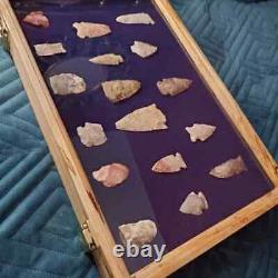 Knife Display Case Arrowheads 18 x 12 Maple & Blue Pin Medal Wood USA Shadow Box
