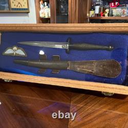 Knife Display Case Dagger Blade Stiletto 18 x 7 Oak & Blue Wood USA Shadow Box