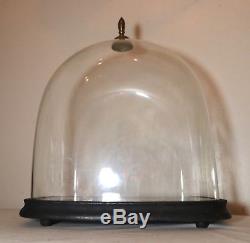 LARGE antique cloche dome glass wood brass display bell jar case stand rareshape