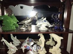 LENOX TREASURY OF 13 DOLPHINS COLLECTION & WOOD DISPLAY CASE Beach Nautical Rare