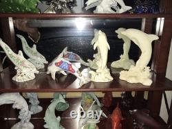 LENOX TREASURY OF 13 DOLPHINS COLLECTION & WOOD DISPLAY CASE Beach Nautical Rare