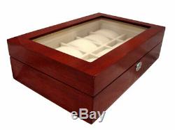 Large 10 Wrist Watch Storage Case Box Display Chest Cherry Wood Cabinet Lockable