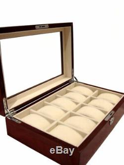 Large 10 Wrist Watch Storage Case Box Display Chest Cherry Wood Cabinet Lockable