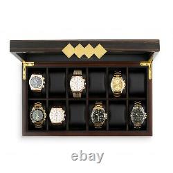 Large 12 Slot Wooden Watch Box For Men Luxury Gold Accents Display Case Holder