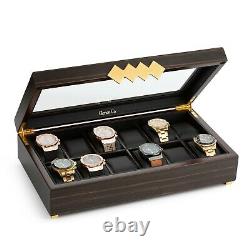 Large 12 Slot Wooden Watch Box For Men Luxury Gold Accents Display Case Holder