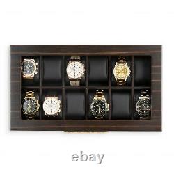 Large 12 Slot Wooden Watch Box For Men Luxury Gold Accents Display Case Holder