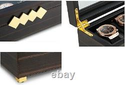 Large 12 Slot Wooden Watch Box For Men Luxury Gold Accents Display Case Holder