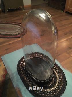 Large Antique Victorian French Oval Glass Display Dome With Wood Base 20 Tall