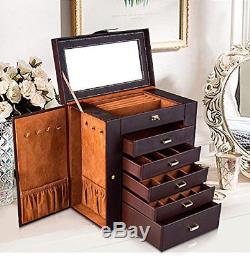 Large Leather Jewelry Box Display Case Organizer Earring Necklace Watch Storage