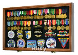 Large Military Medals Flag Pins Ribbons Patches Display Case Cabinet Shadow Box