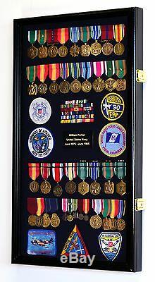 Large Military Medals Flag Pins Ribbons Patches Display Case Cabinet Shadow Box