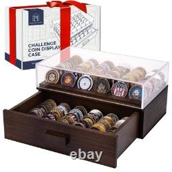 Large Wooden Challenge Coin Display Case Holder for 72 Coins with Drawer Brown
