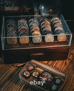 Large Wooden Challenge Coin Display Case Holder for 72 Coins with Drawer Brown