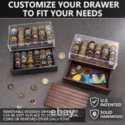 Large Wooden Challenge Coin Display Case Holder for 72 Coins with Drawer Brown